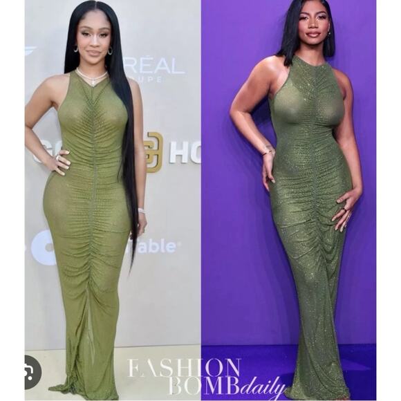 Retrofete Marsann Crystal Embellished Ruched Sheer Green Maxi Dress Size Large - Picture 5 of 11